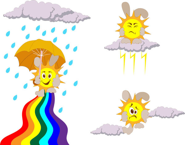 Vector image of a sunbeam with clouds and an umbrella. It is illustrated how the sun draws clouds, the beginning of a thunderstorm and how a rainbow appears in the rain