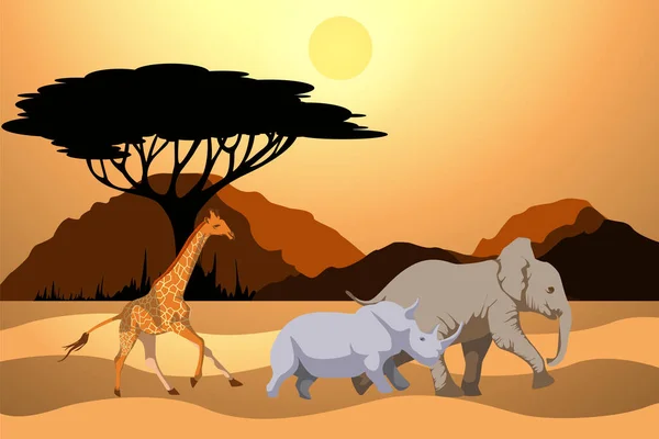 Vector Image Shroud Animals Running Living Giraffe Rhino Elephant — Stock Vector