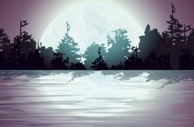 Mor soğuk gölgelerde bir ormanın gölünün vektör arkaplan görüntüsü