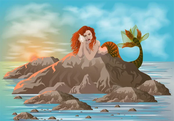 Criatura Mítica Sirena Tendida Los Arrecifes Languideciendo Esperando — Archivo Imágenes Vectoriales