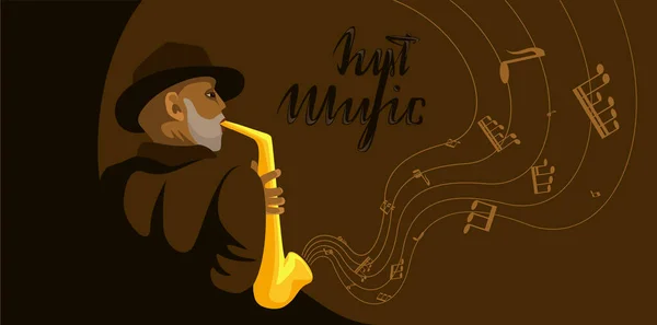 Vector Flat Image Black Man Playing Saxophone Flying Notes Concept — Stock Vector