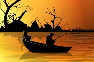 Ormanın arka planında bir teknedeki balıkçının vektör görüntüsü.