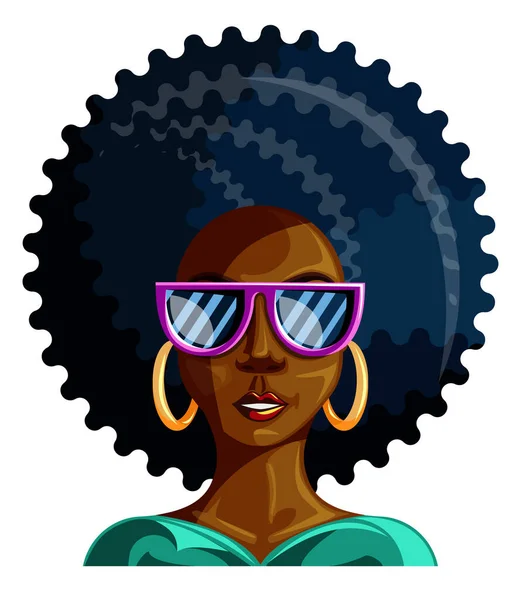 Vector Image Dark Skinned Woman Sunglasses Luxurious Hairstyle Full Face — Stock Vector