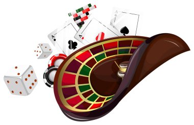 Bir kumarhane için vektör kavramsal imaj. İskambil kağıtları, poker fişleri, rulet sıfır yerçekiminde yüzüyor gibi görünüyor. Poker kumar mobil uygulama simgesi. EPS 10