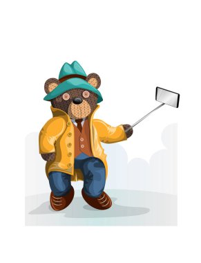 Şapkalı ve ceketli bir ayının selfie çekerken görüntüsü. Kavram. EPS 10