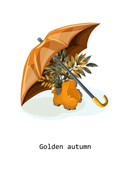 Vektorkonzeptbild Cartoon Stil Regenschirm Über Gummistiefeln Mit Welkem Herbstlaub Eps — Stockvektor