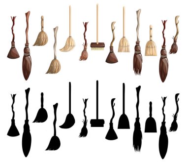 Süpürge çıkartmalarının çizgi film tarzında vektör görüntüsü. EPS 10