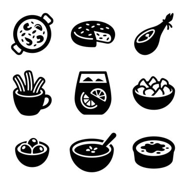 Ünlü İspanyol mutfağını temsil eden dokuz siyah sembol koleksiyonu. Paella, tortilla, jamon, churros, sangria, patatas bravas, zeytin, gazpacho ve crema catalana içerir..