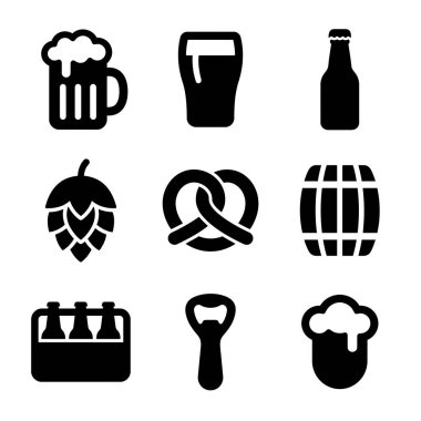 Bira ve barlarla ilgili dokuz basit siyah ikondan oluşan bir koleksiyon. Bardak, bira bardağı, şişe, zıpır, kraker, fıçı, altılı bira ve şişe açacağı..