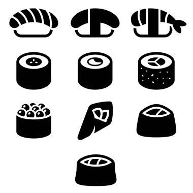 Nigiri, maki, temaki ve gunkan gibi farklı Japon suşilerini temsil eden 10 adet minimalist sembolden oluşan bir koleksiyon, beyaz arka planda izole edilmiş..
