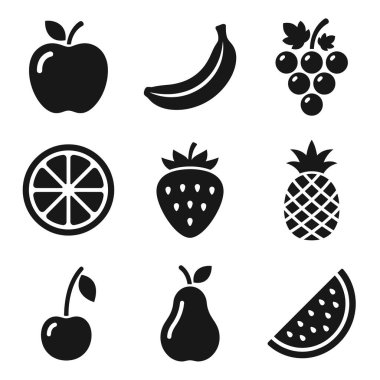 Dokuz tane düz siyah meyve ikonu; elma, muz, üzüm, portakal, çilek, ananas, kiraz, armut ve karpuz. Besin ve besin için basit vektör sembolleri.