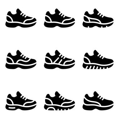 Dokuz farklı siyah spor ayakkabı ikonu koleksiyonu. Bu basit vektör siluetleri spor, koşu ve fitness aktiviteleri için çeşitli spor ayakkabıları stillerini temsil eder..