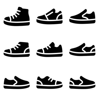 Yüksek topuklu ayakkabılar, spor ayakkabılar ve kaygan ayakkabılar da dahil olmak üzere farklı ayakkabı stillerini temsil eden dokuz basit siyah ve beyaz ikondan oluşan bir koleksiyon. İzole vektör grafik elementleri.