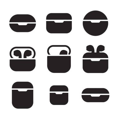 Çeşitli kablosuz kulaklık şarj olaylarını tasvir eden dokuz minimalist vektör ikonundan oluşan bir derleme. Set farklı şekiller içerir ve hem açık hem de kapalı durumları gösterir, beyaz bir arkaplan üzerinde izole.