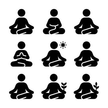 Bir insana farklı nilüfer ve meditasyon pozları veren dokuz minimalist vektör ikonundan oluşan bir derleme farkındalık, sağlık ve manevi kavramlar için poz verir..
