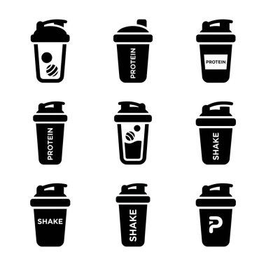 Çeşitli protein karıştırıcı şişeleri tasvir eden dokuz siyah siluet simgesi koleksiyonu. Spor, spor, vücut geliştirme ve spor beslenme kavramları için basit semboller..