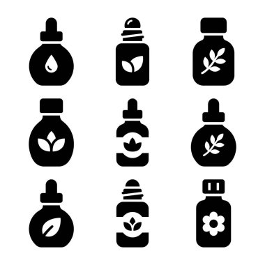 Doğal kozmetik ürünleri ve cilt ürünleri için aromaterapi için gerekli yağ ve bitkisel ilaç şişelerini temsil eden dokuz katı siyah kabartma ikonundan oluşan bir koleksiyon.