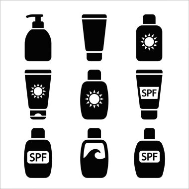 Çeşitli güneş kremi, güneş kremi ve güneş kremi konteynırlarını temsil eden dokuz adet siyah vektör simgesi. Şişeler, tüpler ve pompa dağıtıcıları içerir.