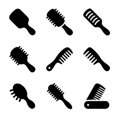 Farklı saç fırçaları ve tarakları temsil eden dokuz siyah siluet ikonundan oluşan bir koleksiyon. Güzellik ve kuaför konseptleri için kürek fırçası, yuvarlak fırça ve katlama tarak tasarımları içerir.