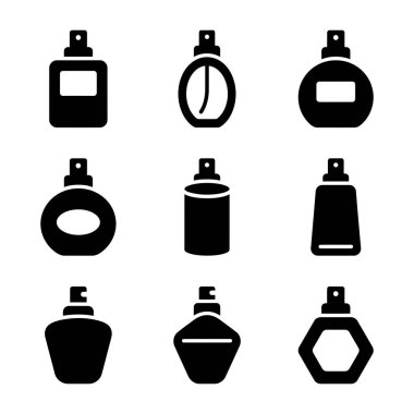 Parfüm, kolonya ve parfüm spreylerinin farklı şekillerini temsil eden dokuz adet minimalist siyah siluet ikonu. Basit vektör grafik tasarım ögeleri.