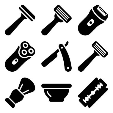 Ustura, elektrikli tıraş makinesi, fırça, kase ve kişisel bakım ve hijyen için bıçak gibi çeşitli tıraş aksesuarlarını temsil eden vektör sembolleri koleksiyonu..