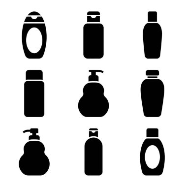 Şampuan, losyon, sabun ve krem için çeşitli kozmetik şişeleri temsil eden dokuz siyah siluet ikonundan oluşan çok yönlü bir set. Tasarım projeleri için basit, temiz vektör grafikleri.