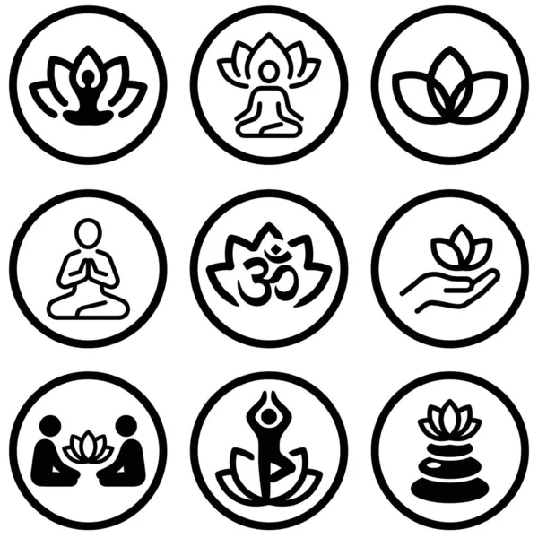 Yoga poziyonlarını, meditasyonu, Om sembolünü ve ruhani kavramları temsil eden dokuz adet siyah beyaz çizgili sanat simgesi koleksiyonu..