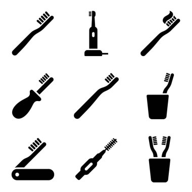Elektrik, seyahat ve standart modeller de dahil olmak üzere çeşitli diş fırçası vektör simgelerinin bir koleksiyonu. Diş bakımı, ağız sağlığı ve hijyen kavramları için basit semboller.