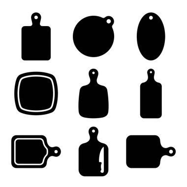 Çeşitli mutfak kesme tahtalarını temsil eden dokuz siyah siluet simgesi koleksiyonu. Set yemek pişirme ve yemek hazırlama tasarımları için farklı şekiller içeriyor..