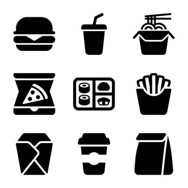 Sıradan fast food, hamburger, pizza, suşi ve içecek gibi şeyleri temsil eden dokuz basit siyah ikondan oluşan bir koleksiyon. Tasarım için izole vektör grafik ögeleri.