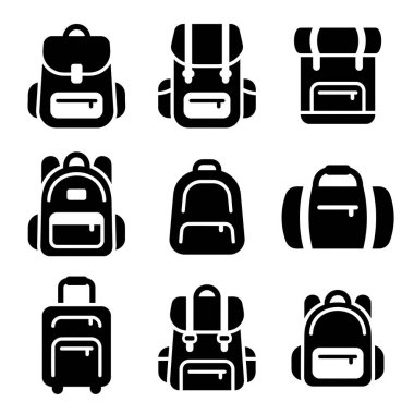 Sırt çantaları, yürüyüş çantaları, spor çantaları ve valizler gibi farklı tipte çantaların yer aldığı dokuz izole vektör ikonundan oluşan bir koleksiyon. Basit siyah siluet tasarımı.