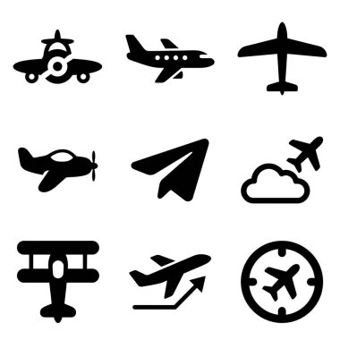 Jetler, pervane uçakları, kağıt uçaklar, kalkış ve navigasyon da dahil olmak üzere çeşitli uçak ve uçuş konseptlerini temsil eden dokuz vektör sembollerinden oluşan bir koleksiyon..