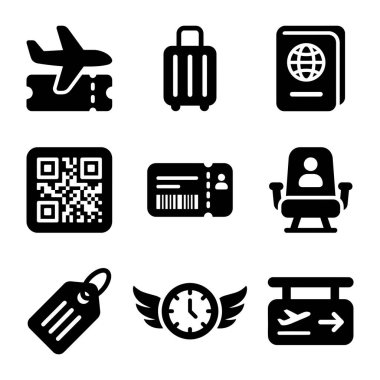 Uçak bileti, pasaport, bavul, QR kodu, havaalanı koltuğu, etiket ve imza dahil olmak üzere dokuz basit simge ikonu koleksiyonu. Web ve mobil tasarım için beyaz bir arkaplanda izole edilmiş.