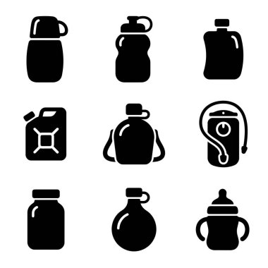 Beyaz arka planda termos, spor şişesi, kantin, jakuzi ve bebek şişesi gibi farklı sıvı kapları temsil eden dokuz adet siyah glyph simgesi..