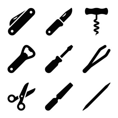 Bıçak, tirbuşon, makas ve tornavida da dahil olmak üzere birçok araçta veya İsviçre ordu bıçağında bulunan ortak araçları temsil eden dokuz adet siyah vektör simgesi..
