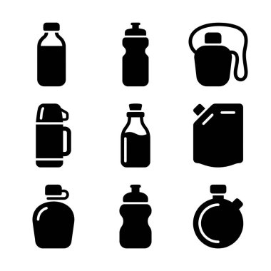 Tasarım projeleri için spor şişesi, termos, kantin ve matara da dahil olmak üzere farklı sıvı kapları temsil eden dokuz basit siyah beyaz simge koleksiyonu..