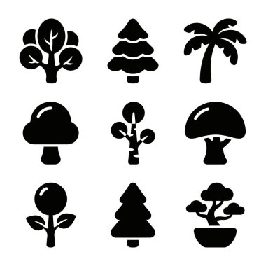 Beyaz bir zemin üzerinde, çam, palmiye, bonsai ve yaprak döken ağaçlar da dahil olmak üzere farklı ağaç ve bitkileri temsil eden dokuz basit, katı siyah ikondan oluşan bir set..