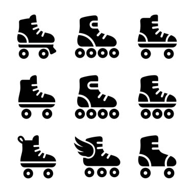 Klasik dörtlü patenler ve kanatlı paten tasarımı da dahil olmak üzere farklı paten ve paten stillerinin yer aldığı dokuz siyah ve beyaz ikondan oluşan bir koleksiyon. Web ve yazdırma için basit katı kabartma biçimi.