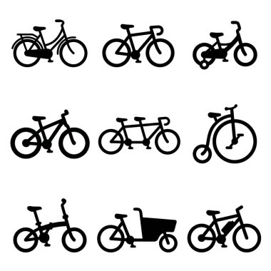 Yol bisikleti, dağ bisikleti, ikili bisiklet, katlanır bisiklet ve elektrikli bisiklet gibi çeşitli bisiklet tiplerini temsil eden dokuz siyah vektör ikonundan oluşan bir koleksiyon. Tasarım için basit grafik siluetleri.