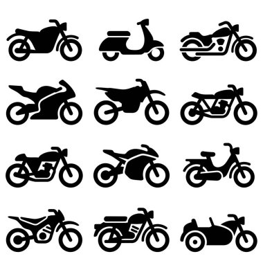 Beyaz arka planda spor motosikletleri, helikopterler, motorsikletler, motosikletler, scooterlar ve motosiklet gibi farklı tipte motosikletlerin yer aldığı 12 adet siyah araç simgesi var..