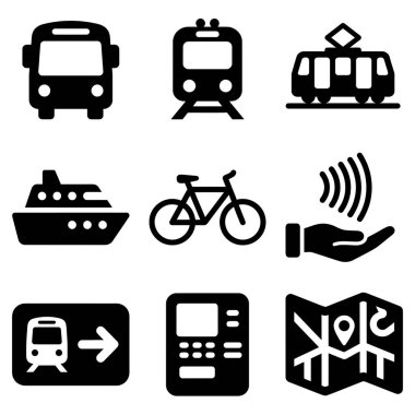 Otobüs, tren, tramvay ve feribot gibi çeşitli toplu taşıma araçlarını temsil eden dokuz basit, siyah ve beyaz sembolün yanı sıra harita ve bilet makinesi gibi seyahat sembolleri..