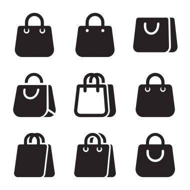Basit, düz bir kabartma şeklinde dokuz farklı alışveriş poşeti ikonu koleksiyonu. Bu vektör sembolleri e-ticaret siteleri, perakende uygulamaları ve satış promosyonları için idealdir..