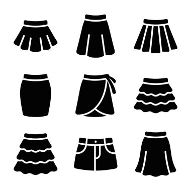 Dokuz farklı kadın etek ikonundan oluşan bir vektör kümesi. Pileli, kalem, ambalaj ve fırfırlı tasarımları içerir. Moda veya giysi kavramları için basit siyah siluet çizimleri.
