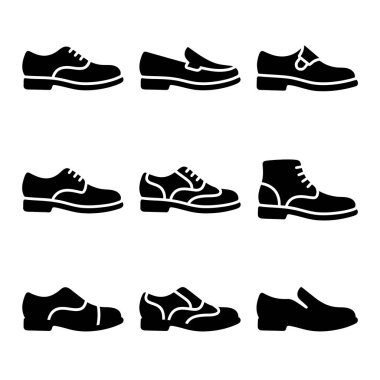 Siyah siluet tarzında dokuz farklı erkek ayakkabı ikonu. Koleksiyonda oxfords, mokasen ayakkabılar ve grafik tasarım için çizmeler gibi çeşitli resmi ve gündelik ayakkabılar yer almaktadır..