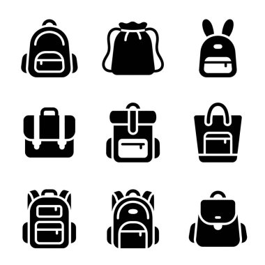 Okul çantaları, sırt çantaları ve beyaz arka planda izole edilmiş bir sırt çantası da dahil olmak üzere farklı şekillerde dokuz siyah beyaz simge koleksiyonu..