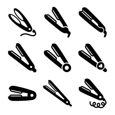 Dokuz farklı saç düzleştirici ve düz ütü ikonu koleksiyonu. Beyaz bir arka planda izole edilmiş, güzelliği ve saç şekillendirme araçlarını temsil eden basit siyah siluet sembolleri..