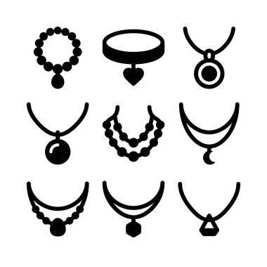 Kolyeler, kolyeler, kolyeler, boncuklu zincirler ve katmanlı mücevherler de dahil olmak üzere çeşitli kolyeler tasvir eden dokuz basit siyah beyaz simge seti. İzole vektör grafik elementleri.