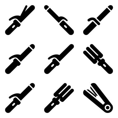 Çeşitli saç şekillendirme araçlarını temsil eden dokuz siyah simge koleksiyonu. Bu set farklı saç maşaları, bir tereddüt ve kuaförlük ve güzellik kavramları için düz bir ütü içerir..