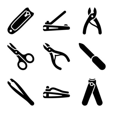 Tırnak bakımı için çeşitli tımar araçlarını temsil eden dokuz izole siyah vektör ikonundan oluşan bir koleksiyon. Sette tırnak makası, makas, meme uçları, bir dosya ve cımbız yer alıyor..