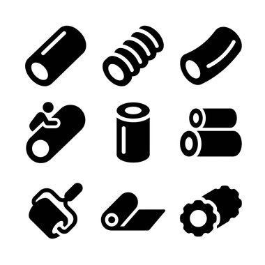 Çeşitli köpük silindirleri, masaj aletlerini ve fizik tedavi, kas iyileştirme ve fitness rutinleri için egzersiz ekipmanlarını temsil eden dokuz siyah kabartma simgesinden oluşan bir koleksiyon..